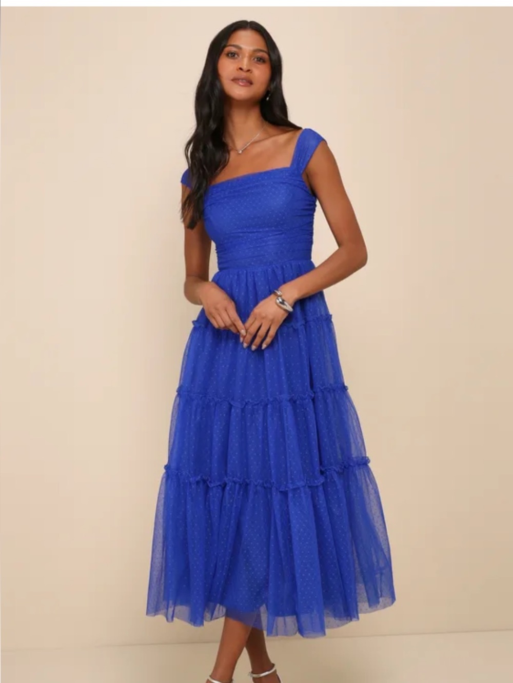 Moment of Perfection Blue Mesh Swiss Dot Tiered Midi Dress
